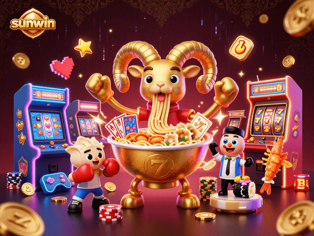Engage in thrilling gameplay with sunwin featuring vibrant slot reels, neon elements, and dynamic characters.