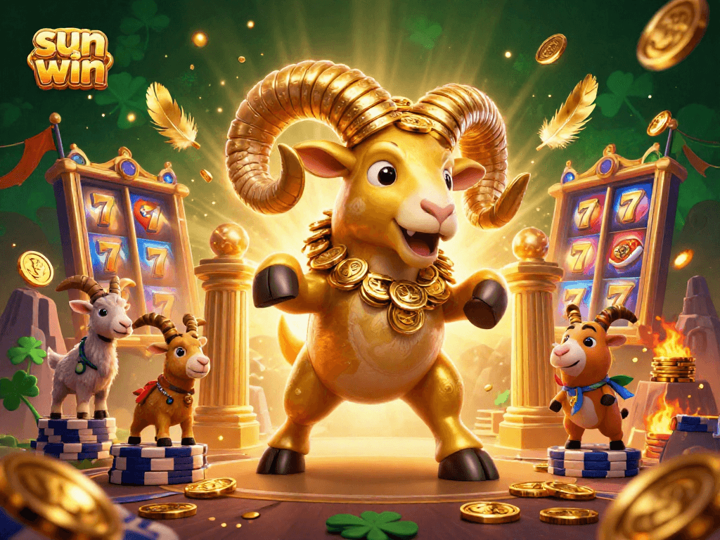 Win big with sun win at the lively 3D slot game scene featuring golden ram and vibrant symbols.