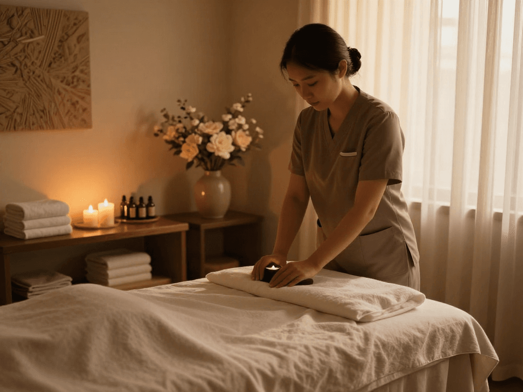 Soothing 주안출장마사지 spa scene with peaceful ambiance and aromatic oils.
