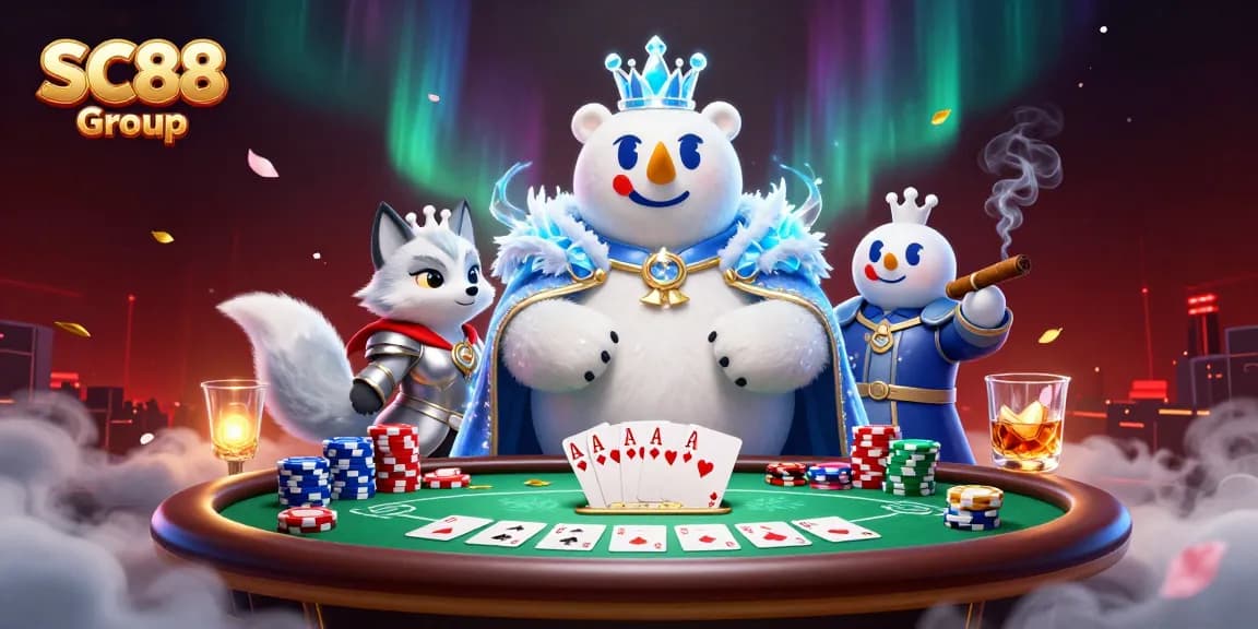 Join the fun with SC88 Group at a lively poker game featuring vibrant characters and casino elements.