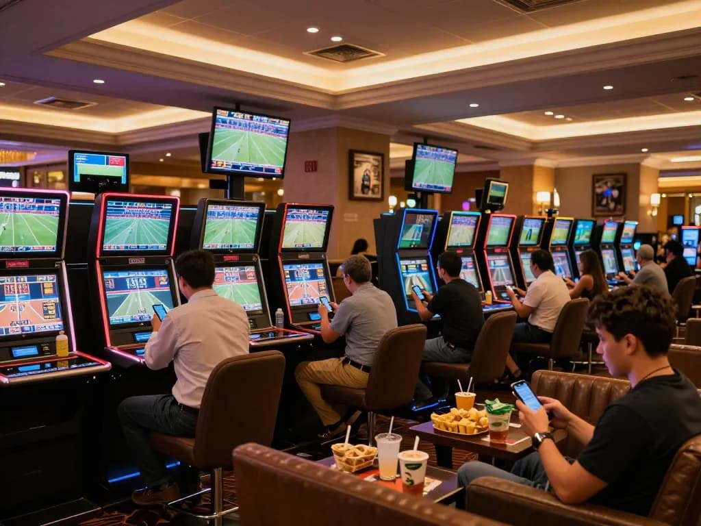 Engaged bettors analyze sports data at the Jun888 betting area, showcasing excitement and strategy.