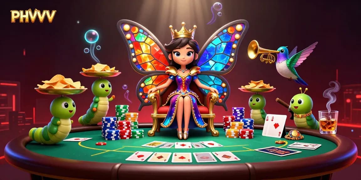 Engage with PHVVV’s vibrant casino scene featuring a butterfly queen amidst poker excitement.