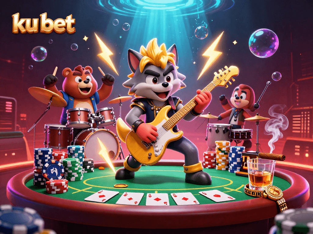 Experience the excitement of ku bet with a rock star wolf playing guitar on a vibrant casino stage.