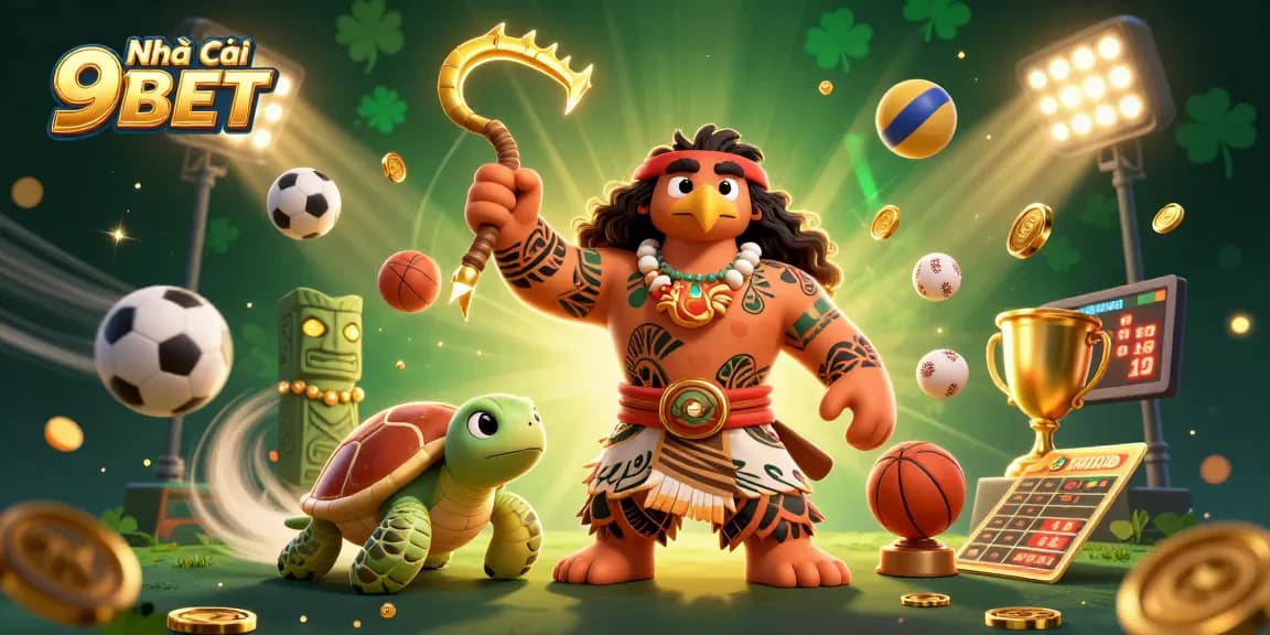 Engage with Nhà cái 9BET's vibrant casino scene featuring dynamic sports elements and 3D characters.
