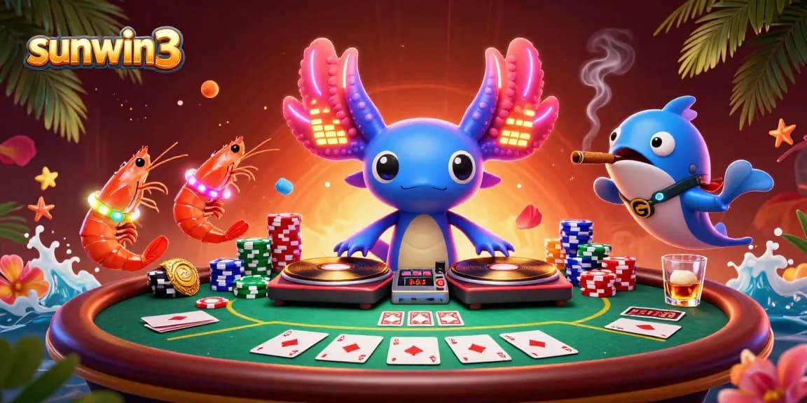 Experience the excitement of sunwin3 with a vibrant 3D casino scene featuring a neon axolotl DJ mixing at an underwater poker table.