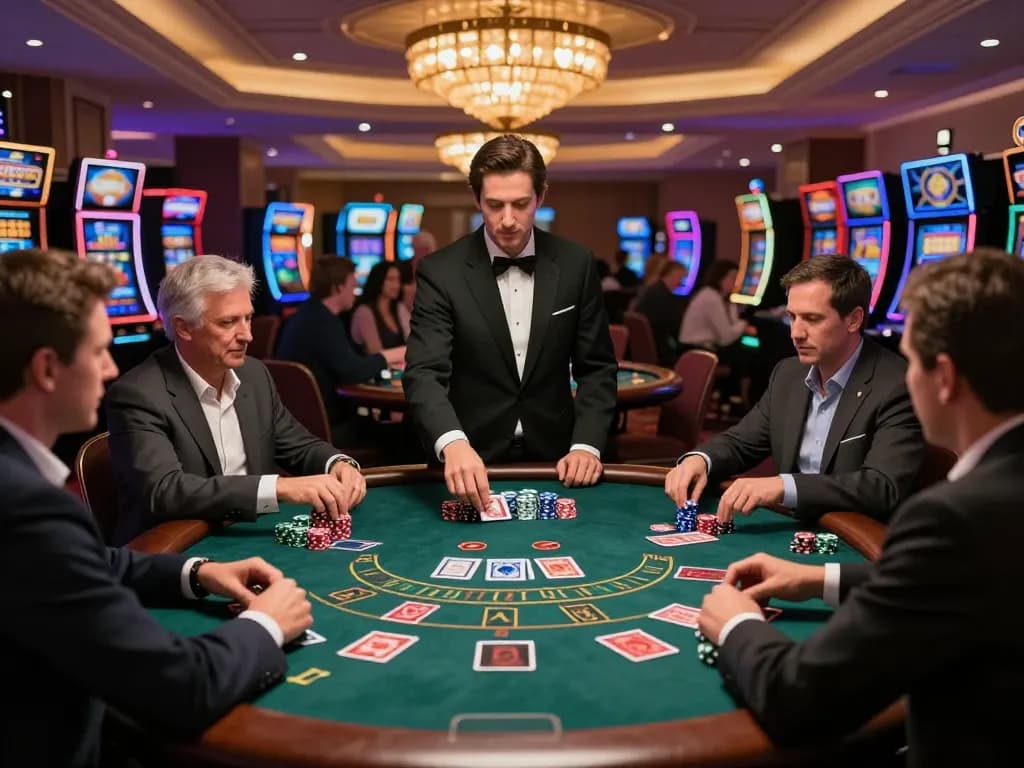 Players at a cm88 blackjack table engaging in strategic gameplay, capturing the casino excitement.