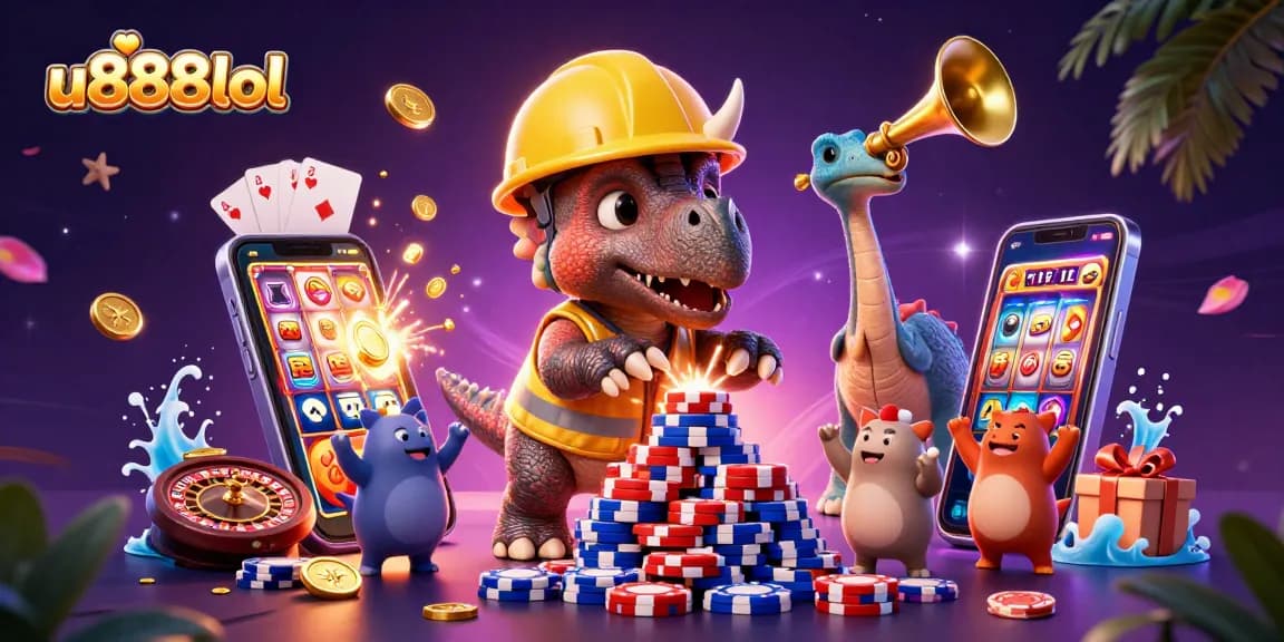 Join the fun at u888lol with a lively scene of a triceratops building chips and celebrating wins!