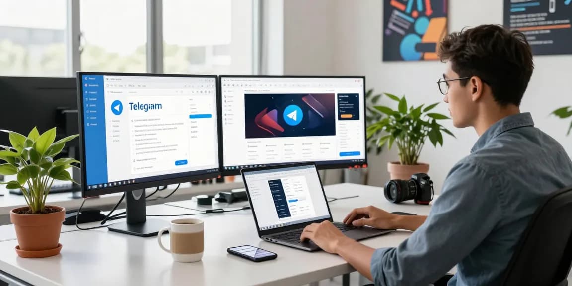 Download Telegram on a developer's screen in a modern workspace, showcasing productivity and tech innovation.