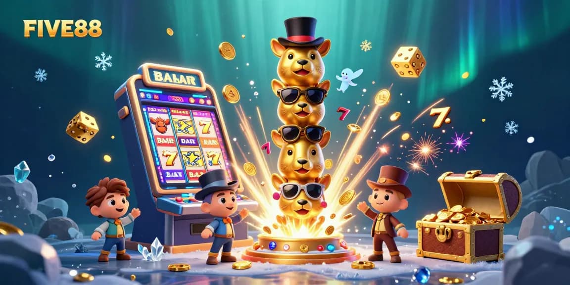 Experience the vibrant energy of FIVE88 with a lively totem and jackpot burst in this engaging casino scene.