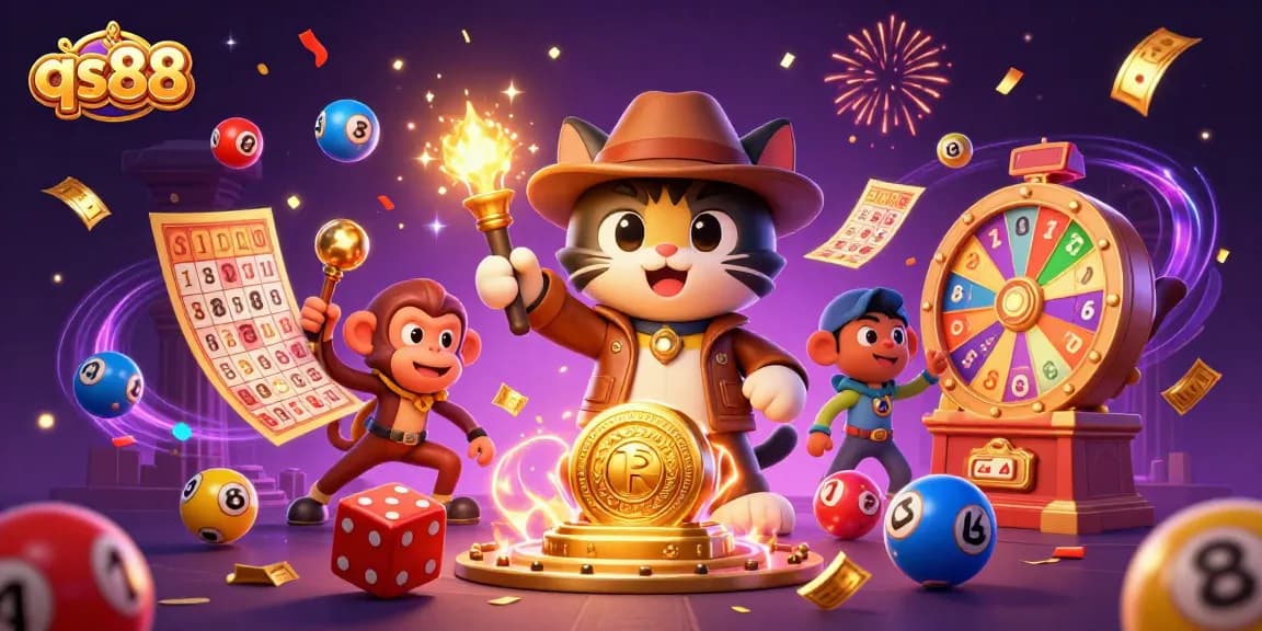 Experience the excitement at qs88 with the treasure-seeking explorer cat and dynamic casino elements.