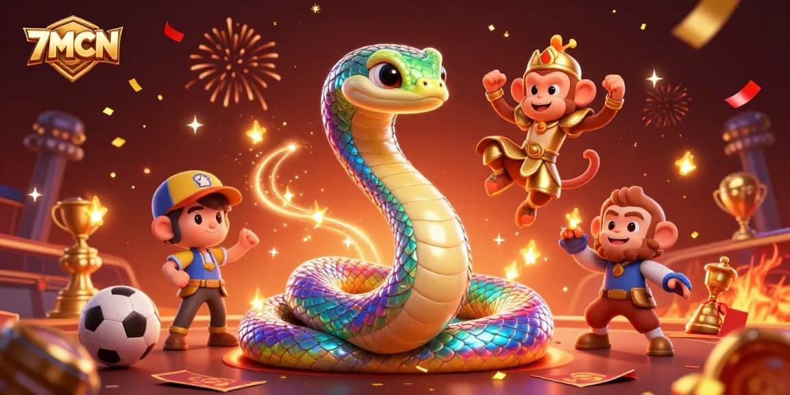 Engage with 7MCN's thrilling sports betting scene, featuring an iridescent serpent, a golden monkey king, and dynamic stadium elements.
