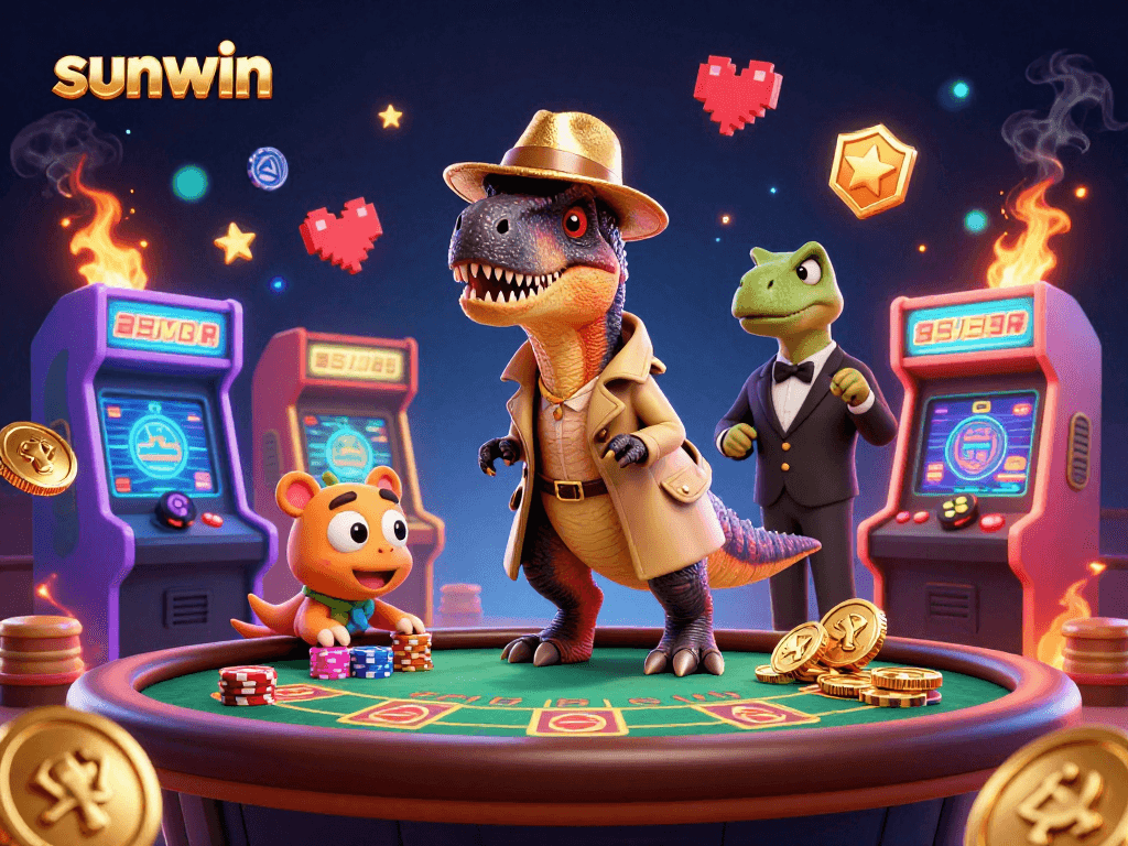 Play and win big at sunwin casino with a fun cartoon velociraptor and friends in a vibrant gaming scene.