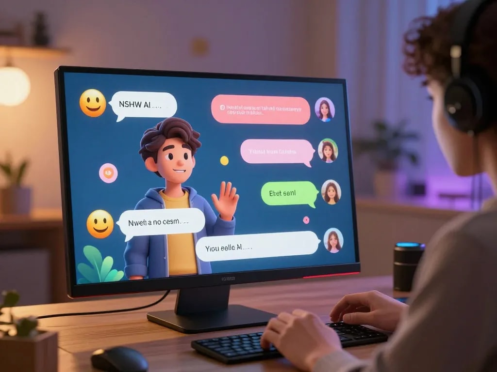 Engaging NSFW AI chat interaction with colorful digital elements and personalized avatars.