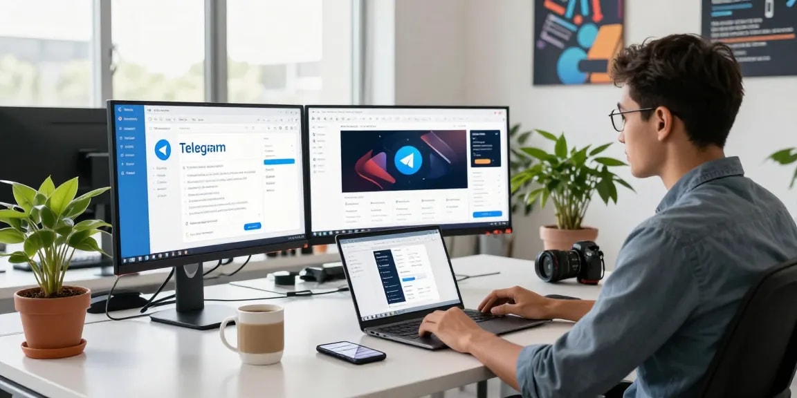 Download Telegram on a developer's screen in a modern workspace, showcasing productivity and tech innovation.