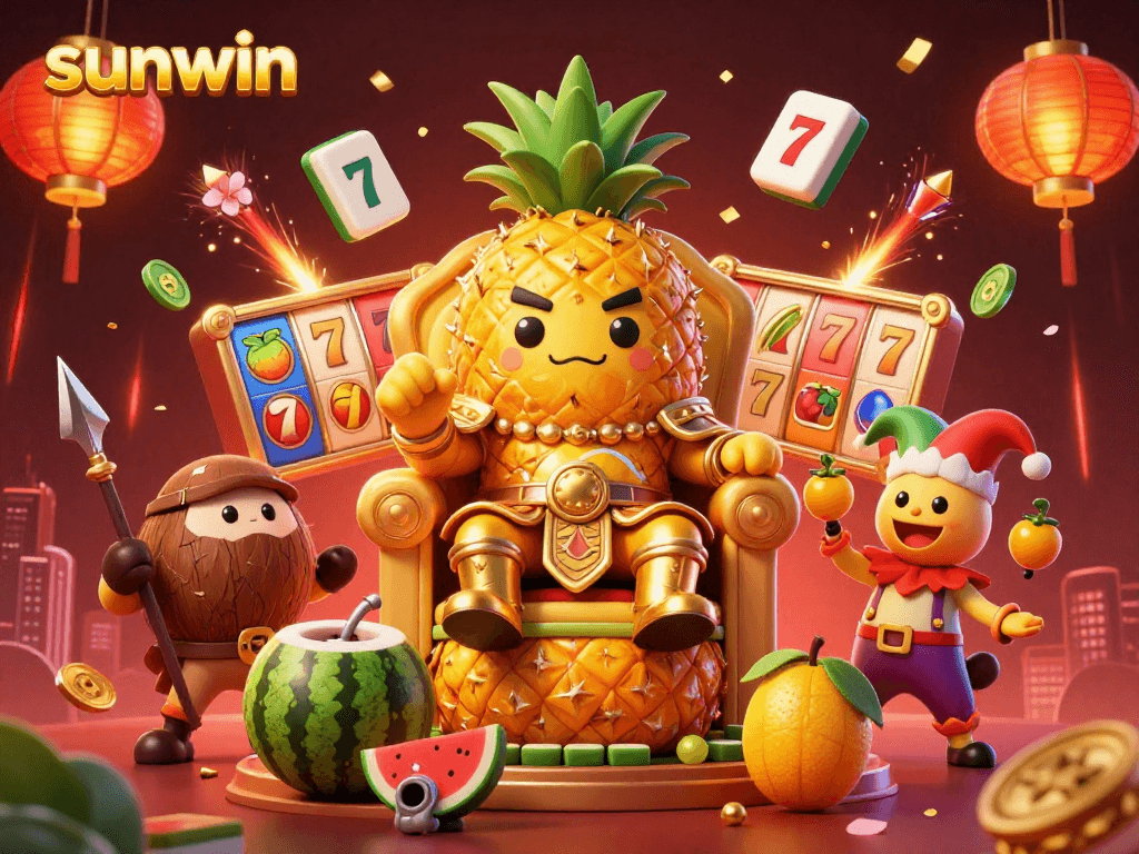 Experience excitement with sunwin's vibrant casino scene featuring a golden pineapple king and lively gaming elements.