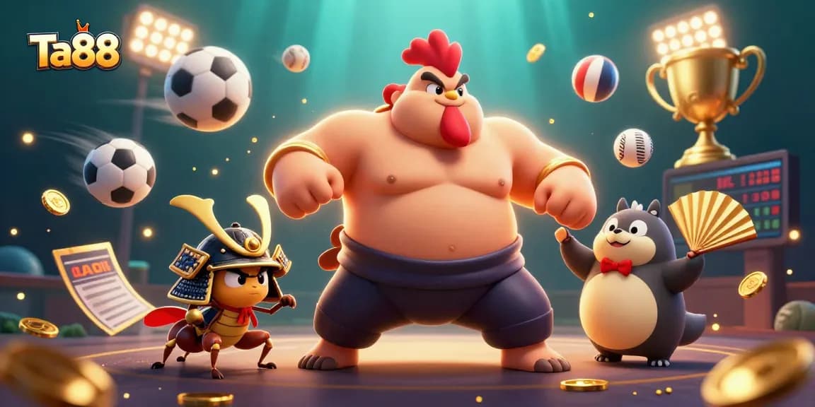 Experience the excitement of Ta88 with a dynamic 3D illustration of a powerful sumo wrestler and vibrant sports elements.