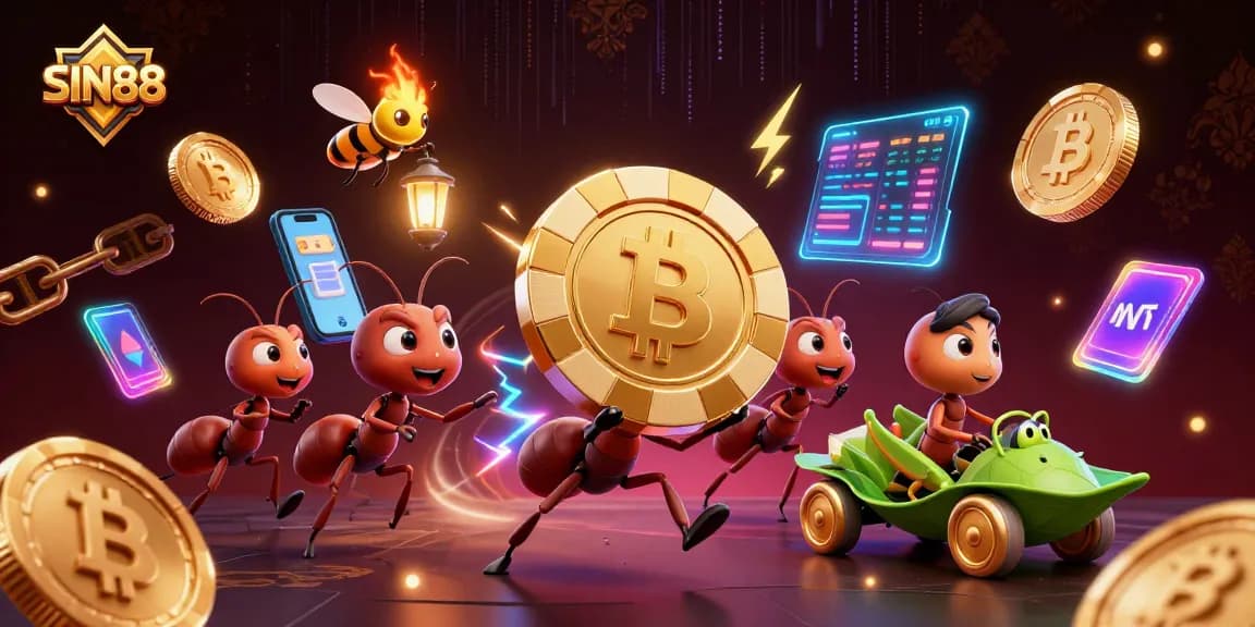 Engage with SIN88 to experience a thrilling heist with ants and festive casino elements.