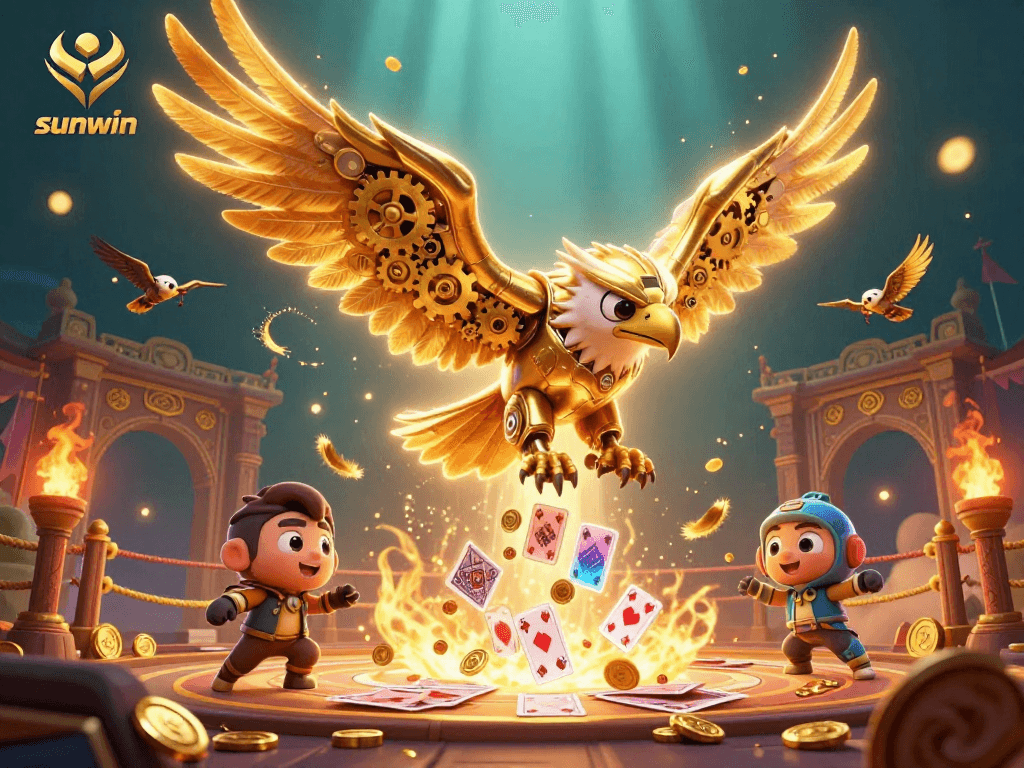 The sunwin eagle navigates a dynamic casino scene amidst vibrant cards and golden elements.