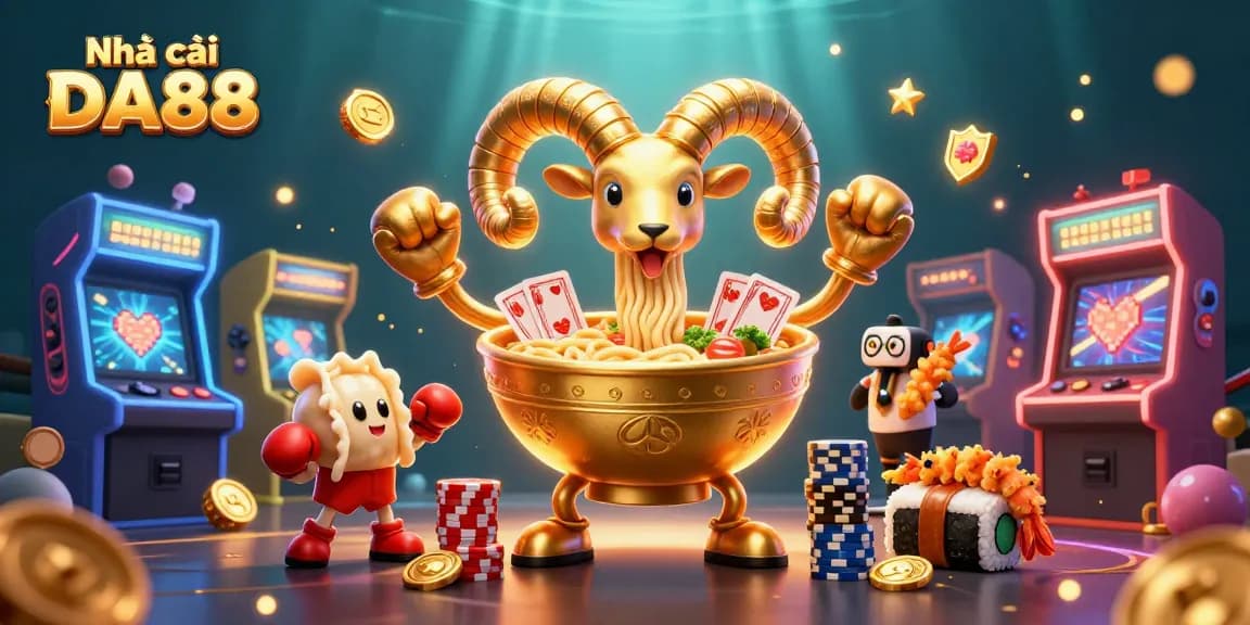Stacking chips and dealing cards at Nhà cái DA88 with fun cartoon characters in a vibrant casino scene.