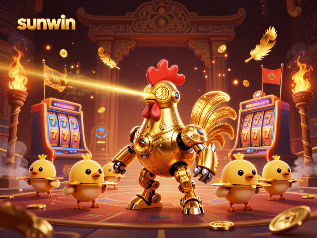 Experience the thrill of sunwin slots with a whimsical golden rooster robot and baby chick drones.