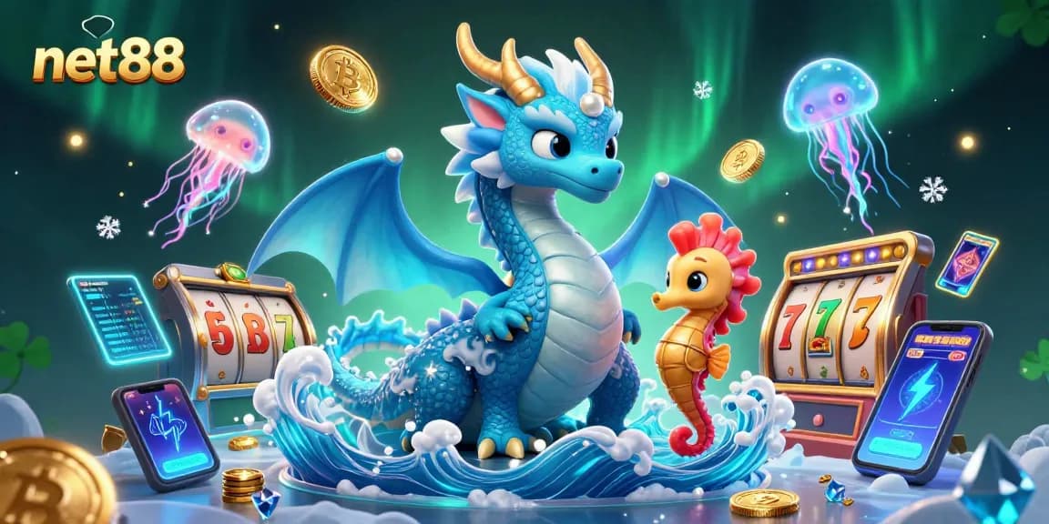 Join the thrilling net88 adventure with a dynamic scene of a water dragon, seahorse knight, and vibrant slot elements.