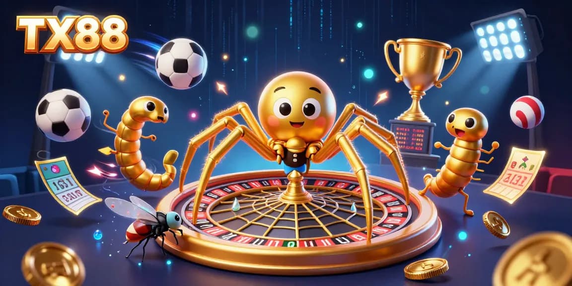 Engage with TX88’s vibrant 3D casino scene featuring a golden spider, sports betting dynamics, and lively elements.