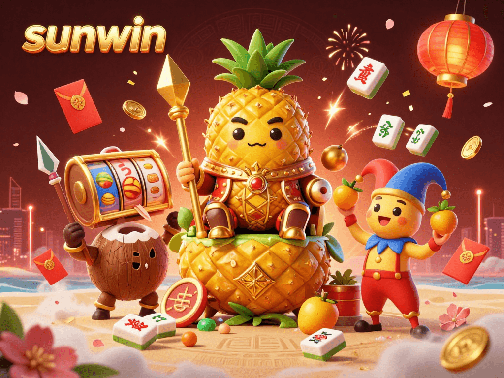 Engage with sunwin’s vibrant casino scene featuring a golden pineapple king and dynamic slot reels.