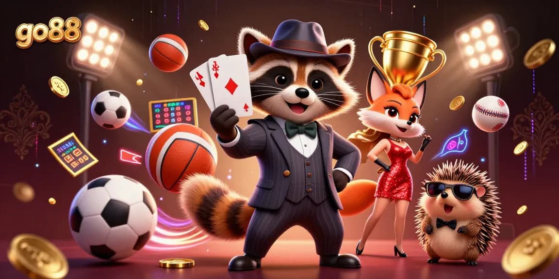 Experience the excitement of go88 with a dynamic illustration featuring lively casino characters and vibrant sports elements.