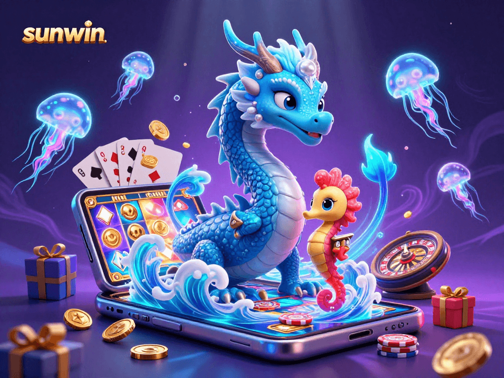 Sunwin leverages a magical poker scene with a water dragon and animated slot elements.