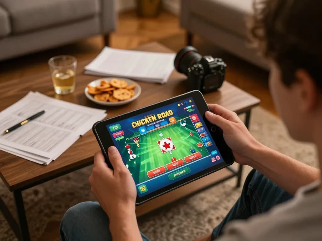 Persona che gioca a recensioni di Chicken Road Casino su un tablet in un'accogliente ambientazione domestica con appunti strategici