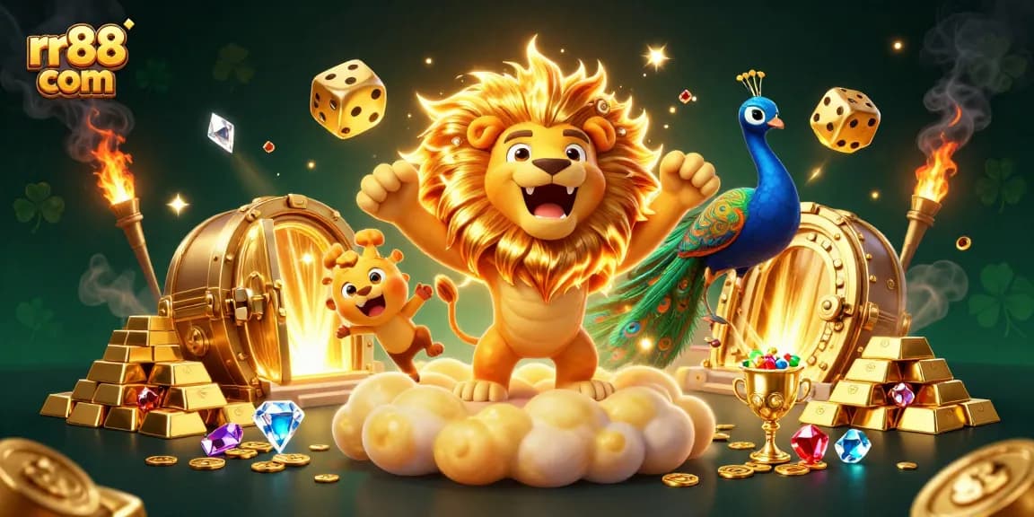 Spin to win at rr88 com with dazzling treasures and golden dice in this captivating casino scene.