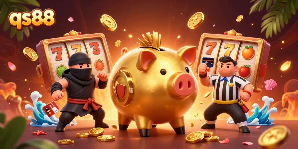 Engage with the exciting qs88 slots scene featuring a piggy bank sumo and vibrant casino elements.