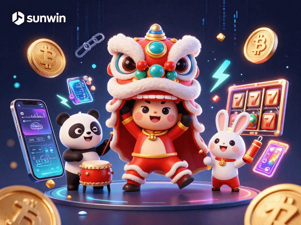 Engage with sunwin's vibrant slot reels, featuring a lion dance costume and crypto coins.