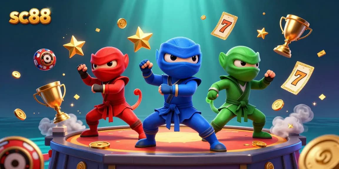 Experience thrilling action at SC88 with ninja chameleons amidst vibrant casino elements.