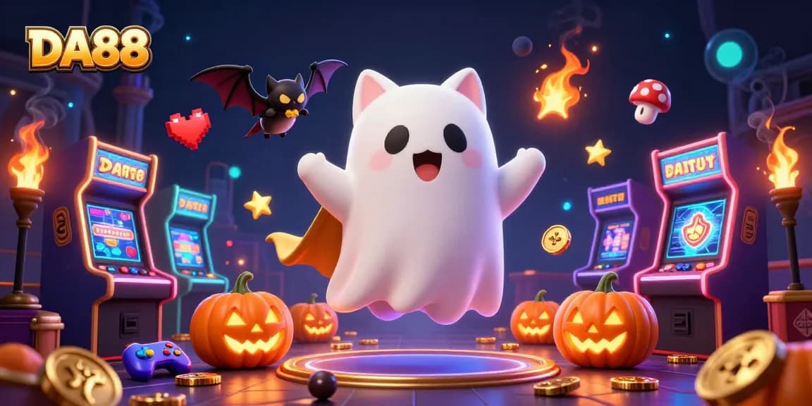 Explore DA88's haunted casino gameplay with a ghost cat and bat in a vibrant 3D scene.