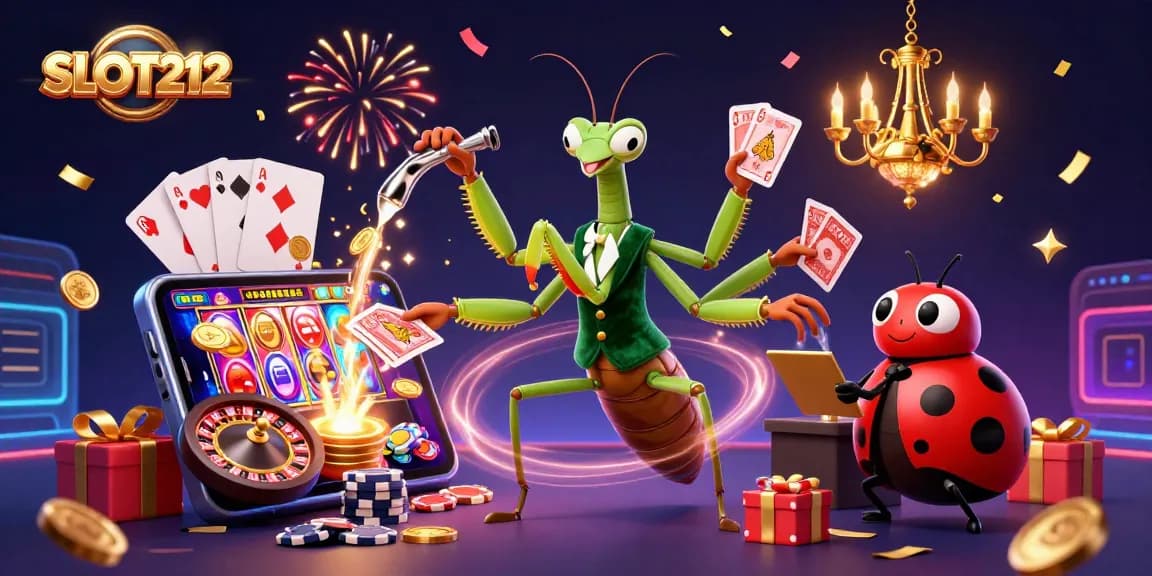 SLOT212 mobile gaming scene with energetic characters and vibrant elements enhancing player interactions