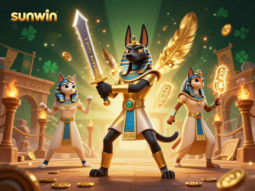Experience the thrill of winning at sunwin with an epic casino scene featuring Anubis and Bastet.