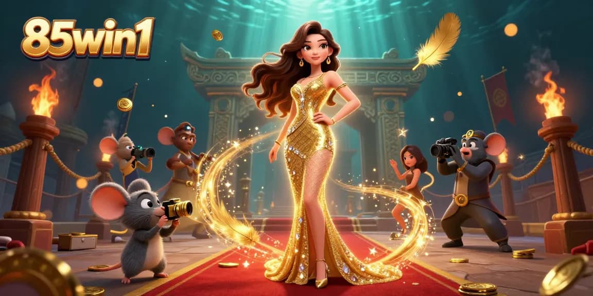 Engage with 85win1 in a dynamic, glamorous 3D casino scene showcasing thrilling elements and golden motifs.