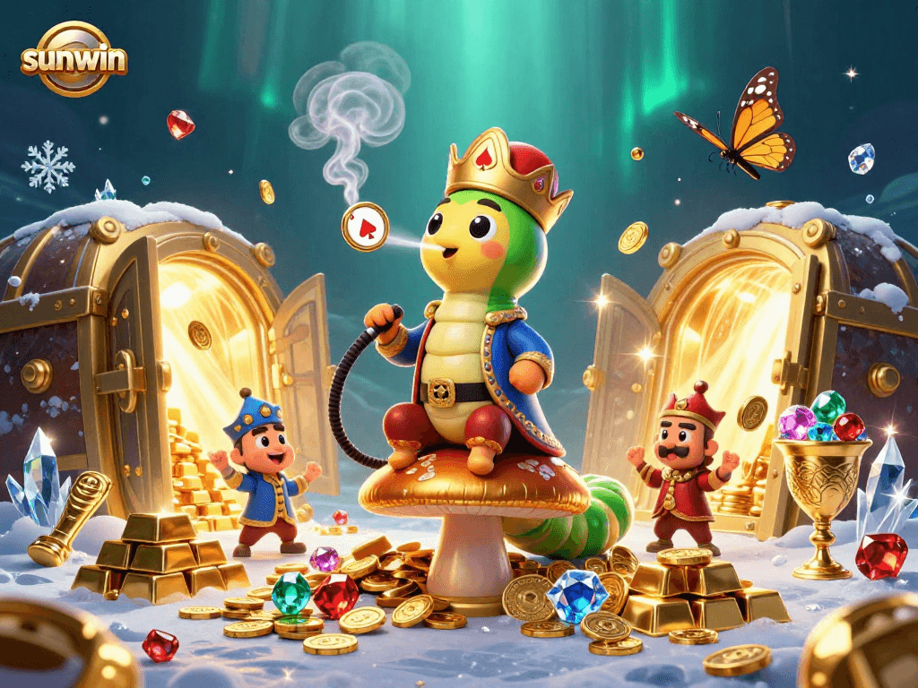 Experience the vibrant sunwin casino world with a lively 3D caterpillar character and treasure elements.