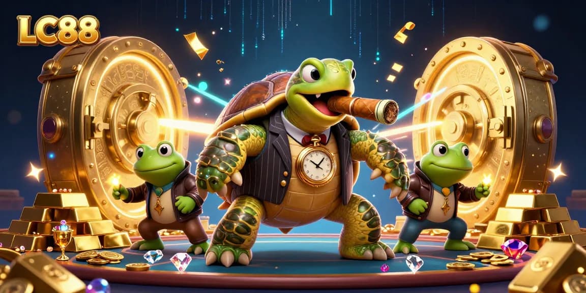 LC88 captures the excitement of gaming with a snapping turtle mobster and frog enforcers in a vibrant casino scene.