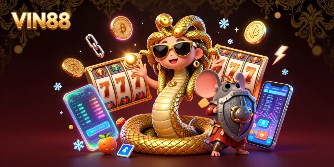 Engage with the VIN88 casino experience surrounded by playful characters and vibrant slot games.