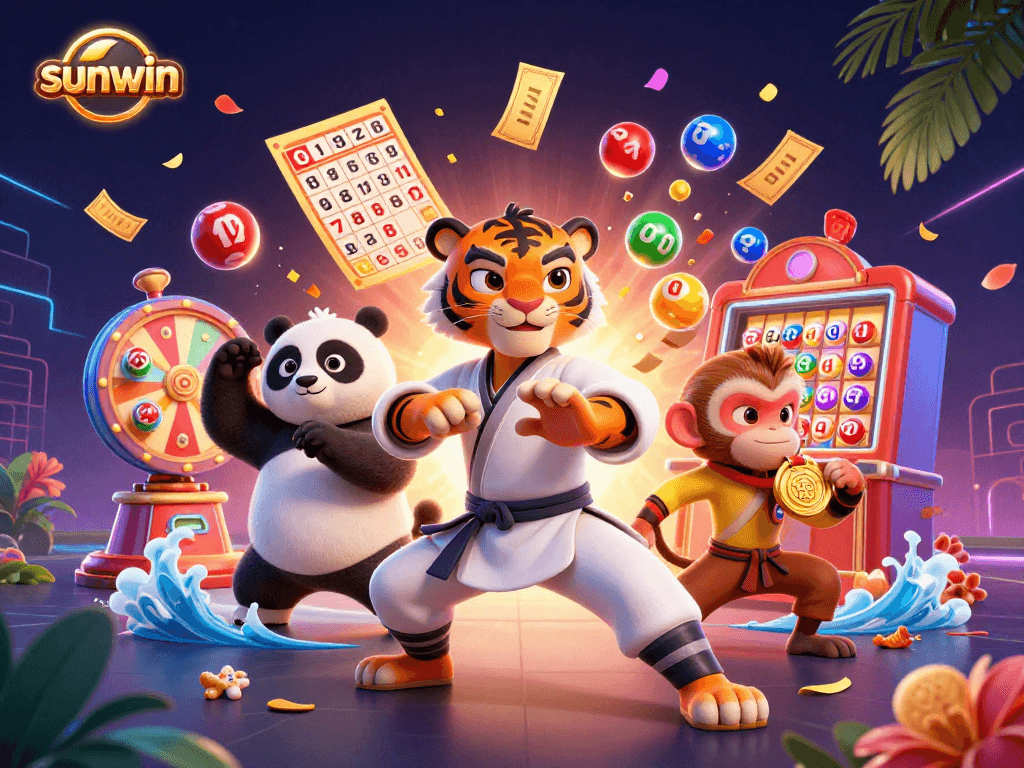 Sunwin presents a vibrant 3D casino scene with a kung fu tiger and lottery action.