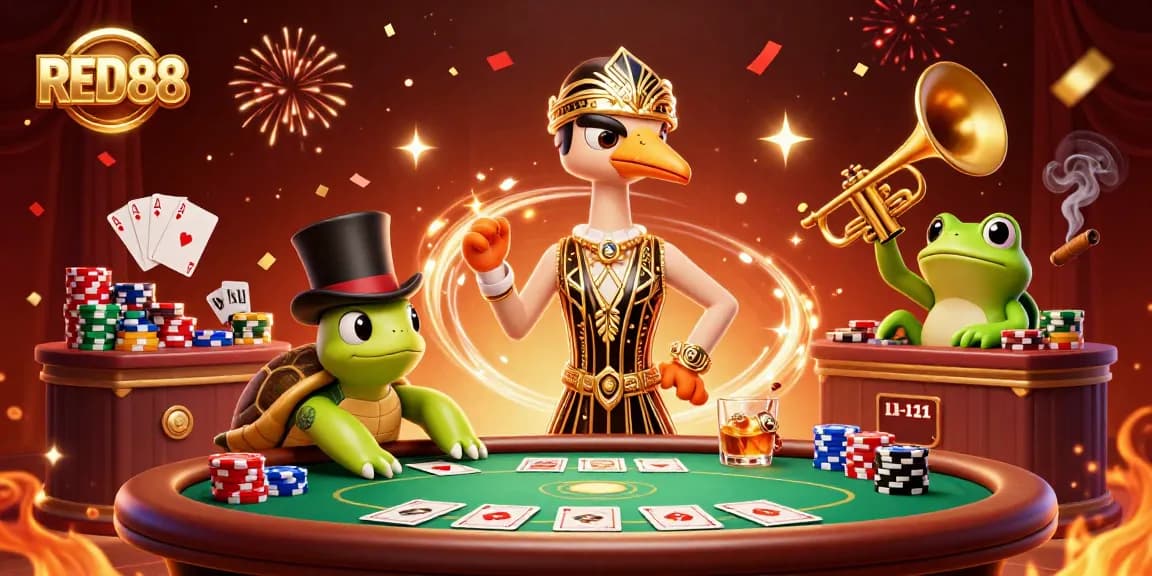 Experience the excitement at RED88 with vibrant casino characters and festive game elements amidst a roaring twenties theme.