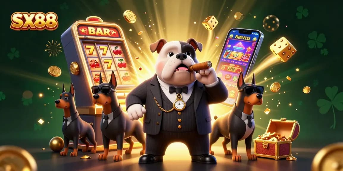 SX88 casino illustration showcasing a mafia bulldog and bodyguards surrounded by a jackpot slot machine, coins, and playing elements