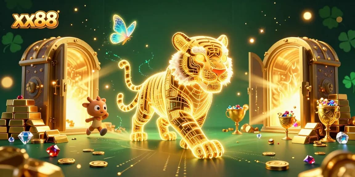Engage in thrilling xx88 casino experiences with a neon tiger and treasure-filled scene showcasing online gaming