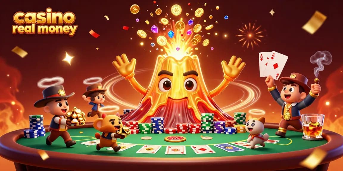 Experience thrilling wins at casino real money as a golden volcano erupts into coins and treasures.