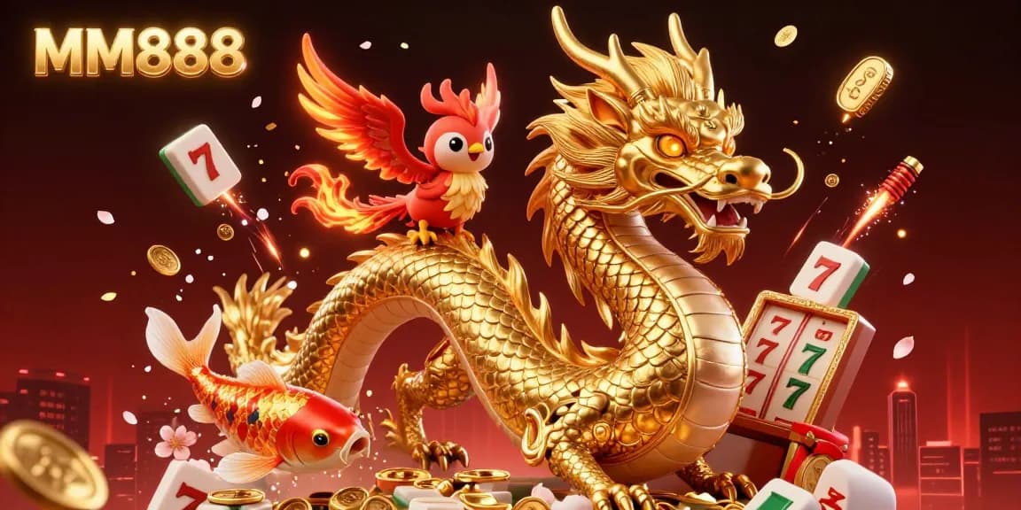 Experience thrilling MM888 action with a golden dragon, red phoenix, and koi fish leaping through coins in this dynamic casino illustration.