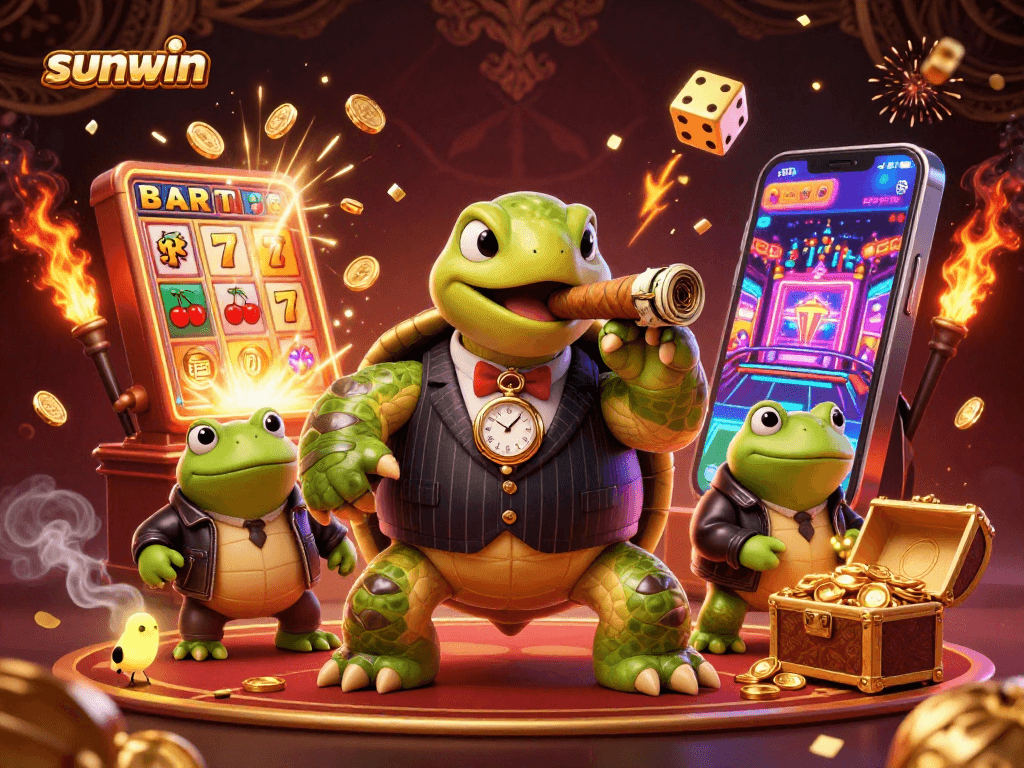 Win big with sunwin: cartoon mobster turtle and bullfrogs amidst casino celebrations