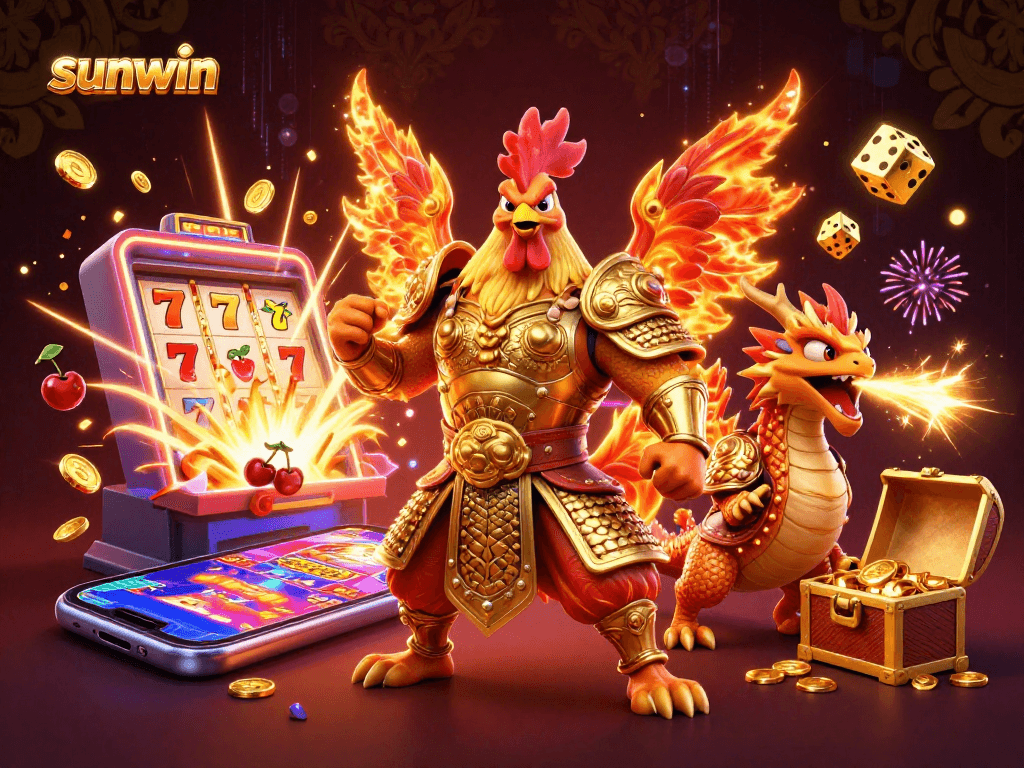 Spin the sunwin jackpot with an action-packed scene of game characters and vibrant casino elements.