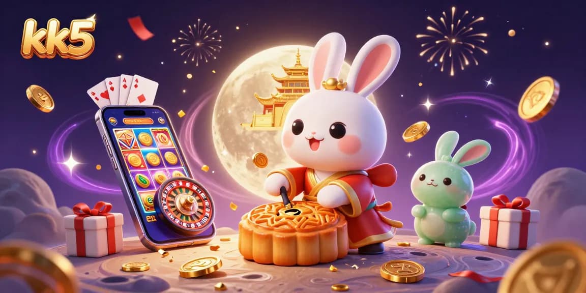 kk5 players enjoy vibrant slots, moon rabbits cracking open golden mooncakes revealing poker chips in a magical casino